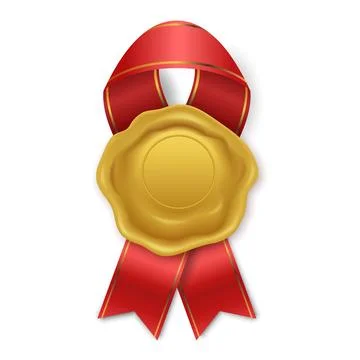 Vector 3d Award Seal with Red Ribbon Rosette Badge Icon, Isolated. Blank Label Stock Illustration