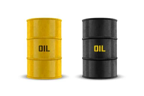 Vector 3d Barrels. Yellow and Black Steel Simple Glossy Metal Enamel Barrel with Stock Illustration