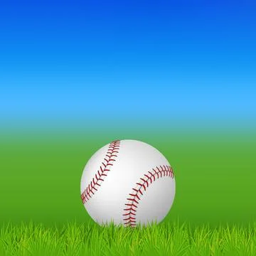 Vector 3d Baseball Ball on Grass Field With Blue Sky Background. Realistic Stock Illustration