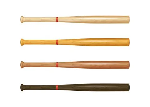 Vector 3d Baseball Bat Set Isolated. Wooden and Metal Bats Collection, Sports Stock Illustration