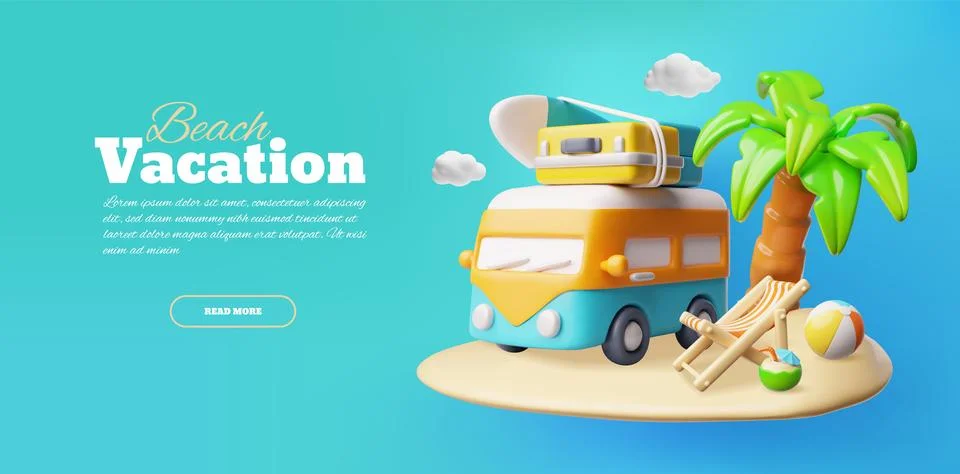 Vector 3D beach vacation banner with island, car, palm tree, sun lounger Stock Illustration