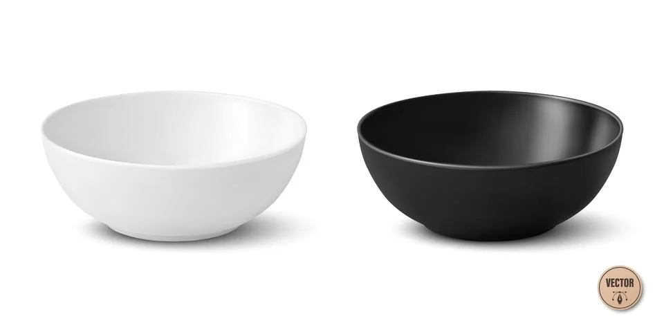 Vector 3d Black and White Bowl Set. Realistic Matte Serving Bowl Isolated. Em Stock Illustration
