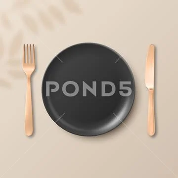 Vector 3d Black Empty Plate with Fork and Knife. Table Setting Top View. Minimal Illustrazione stock