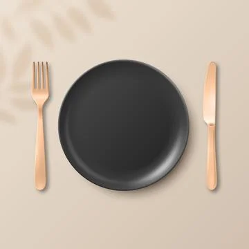 Vector 3d Black Empty Plate with Fork and Knife. Table Setting Top View. Minimal Stock Illustration