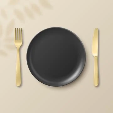 Vector 3d Black Empty Plate with Fork and Knife. Table Setting Top View. Mini Stock Illustration