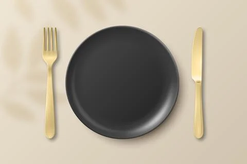 Vector 3d Black Empty Plate with Fork and Knife. Table Setting Top View. Mini Stock Illustration
