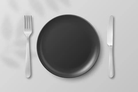 Vector 3d Black Empty Plate with Silver Fork and Knife. Table Setting Top V.. Stock Illustration