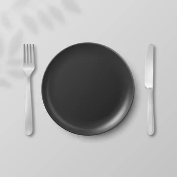 Vector 3d Black Empty Plate with Silver Fork and Knife. Table Setting Top Vie Stock Illustration