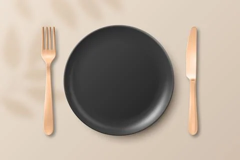 Vector 3d Black Empty Plate with Fork and Knife. Table Setting Top View. Mi.. Stock Illustration