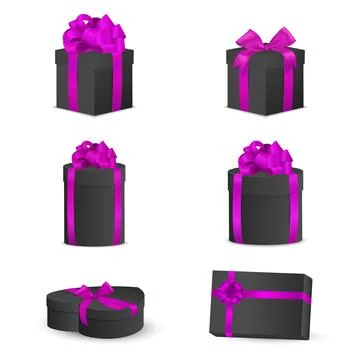 Vector 3d Black Gift Box Set with Purple Ribbon Bow, Vector Illustration. Luxury Stock Illustration