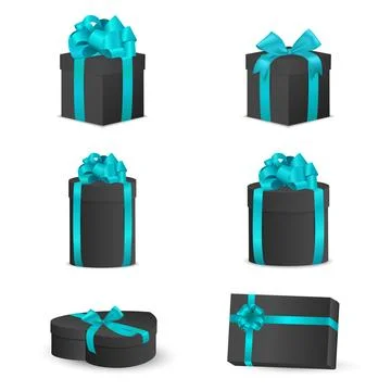 Vector 3d Black Gift Boxes Set with Turquoise Ribbon Bow, Vector Illustration Stock Illustration