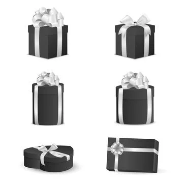 Vector 3d Black Gift Boxes Set with White Ribbon Bow, Vector Illustration Stock Illustration