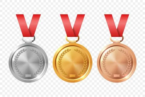 Vector 3d Blank Gold, Silver, Bronze Medal Icon Set. Award Medals for Sport Stock Illustration