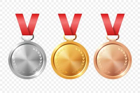 Vector 3d Blank Gold, Silver, Bronze Medal Icon Set. Award Medals for Sport Stock Illustration