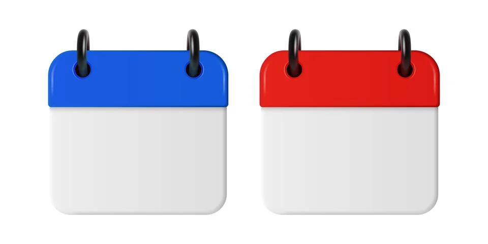 Vector 3d Blue and Red Calendar Icon Set. Blank Calendar Icon Template for Stock Illustration