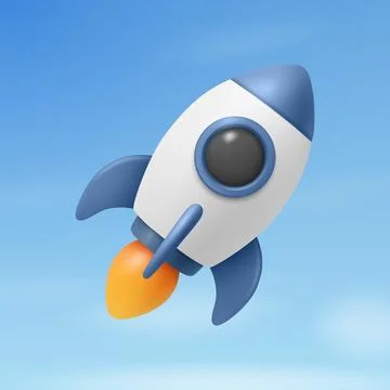 Vector 3d Blue and White Rocket Launch on a Blue Sky Background. Rocket Startup Illustrazione stock