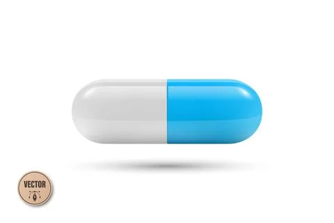 Vector 3d Blue and White Capsule Pill Isolated. Realistic 3d Medicine Stock-Illustration