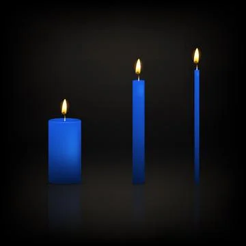 Vector 3d Blue Candle Set. Realistic Candles, Pillar, Taper Candles with Flame Stock Illustration