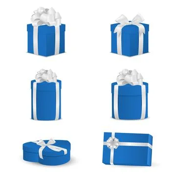 Vector 3d Blue Gift Boxes Set with White Ribbon Bow, Realistic 3d Vector Stock Illustration