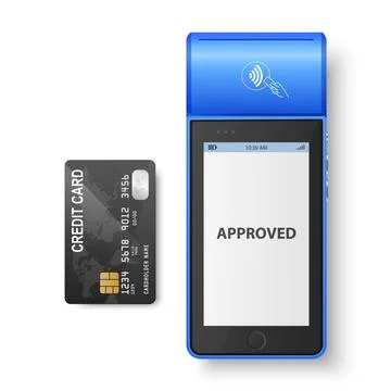 Vector 3d Blue NFC Payment Machine, Approved Status and Credit Card Isolated. Wi Stock Illustration