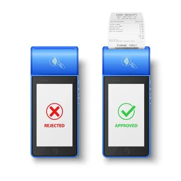 Vector 3d Blue NFC Payment Machine with Rejected and Approved Status, Paper Cash Illustrazione stock