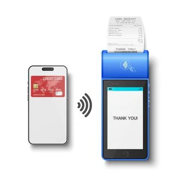 Vector 3d Blue NFC Payment Terminal with Smartphone Closeup. Approved Payment Stock Illustration