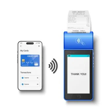 Vector 3d Blue NFC Payment Terminal with Smartphone Closeup. Approved Payme.. Stock Illustration