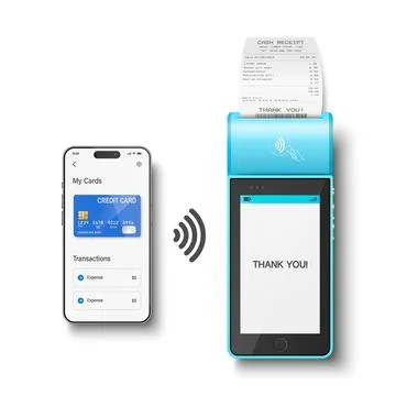 Vector 3d Blue NFC Payment Terminal with Smartphone Closeup Isolated. Appro.. Stock Illustration