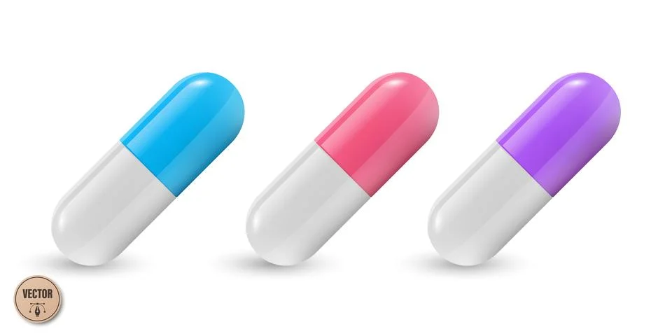 Vector 3d Blue, pink, Purple and White Capsule Pill Isolated. Realistic 3d Me Stock Illustration