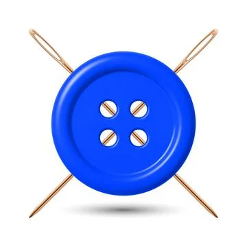 Vector 3d Blue Sewing Button with Yellow Needles Icon, Isolated. Tailoring Craft Stock Illustration