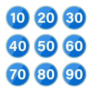 Vector 3d Blue Speed Limit Signs Set, Isolated. Round Traffic Road Sign Icons Stock Illustration