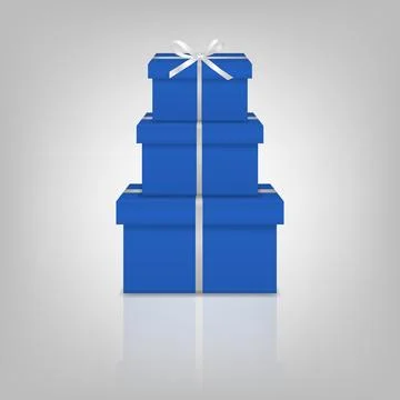 Vector 3d Blue Stacked Gift Boxes with White Ribbon Bow. Present for Birthday Stock Illustration