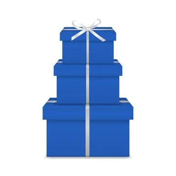 Vector 3d Blue Stacked Gift Boxes with White Ribbon Bow. Present for Birthday Stock Illustration