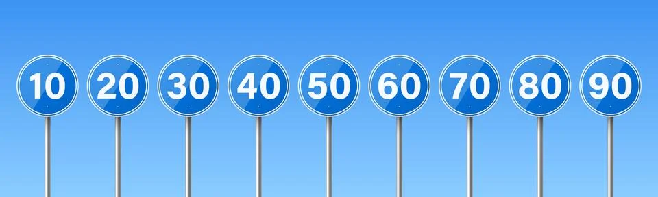 Vector 3d Blue Traffic Signs with Speed Numbers from 10 to 90. Circular Road Illustrazione stock