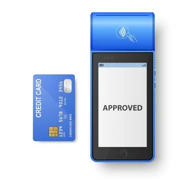 Vector 3d Bue NFC Payment Machine with Approved Status and Blue Credit Card. Wi Stock Illustration