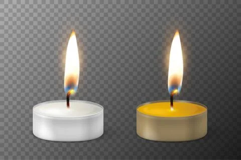 Vector 3d burning realistic candle light or tea light flame icon set closeup Stock Illustration