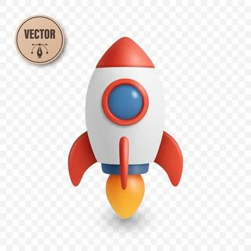 Vector 3D Cartoon Rocket, Front View. Minimalist Startup Spaceship Icon Stock Illustration