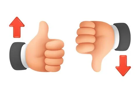 Vector 3d Cartoon Thumbs Up And Thumbs Down. Like and Dislike Hand Gestures I Stock Illustration