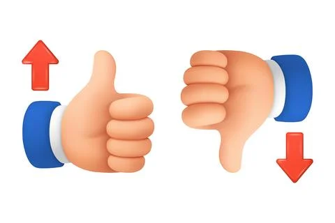 Vector 3d Cartoon Thumbs Up And Thumbs Down Illustration. Like and Dislike Ha Stock Illustration