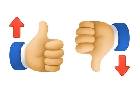 Vector 3d Cartoon Thumbs Up And Thumbs Down Illustration. Like and Dislike Ha Stock Illustration