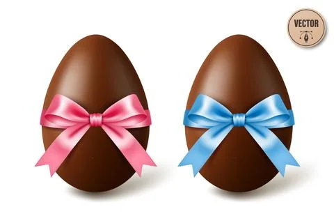 Vector 3d Chocolate Easter Eggs with Pink and Blue Satin Bows, Isolated. Sweet Stock Illustration