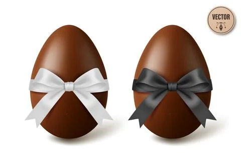 Vector 3d Chocolate Easter Eggs with White and Black Satin Bows, Isolated. Sweet Stock Illustration