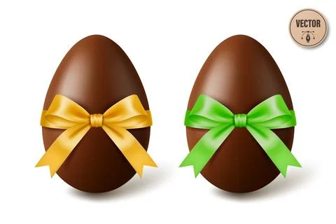 Vector 3d Chocolate Easter Eggs with Yellow and Green Satin Bows, Isolated Illustrazione stock