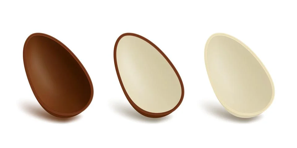 Vector 3d Chocolate Egg Set with Cross Section. Dark Chocolate Shell and White Stock Illustration