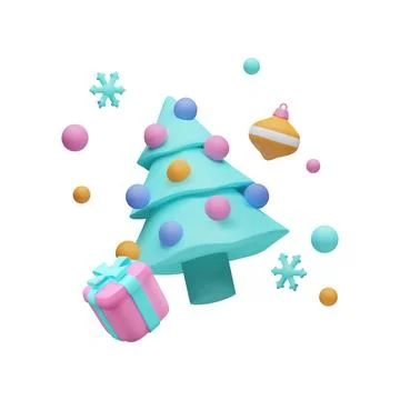 Vector 3d of Christmas trees, snowflakes and balls for decorating Christmas Stock Illustration