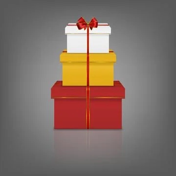 Vector 3d Colorful Gift Boxes Stack with Red Ribbon Bow. White, Yellow and Red Illustrazione stock