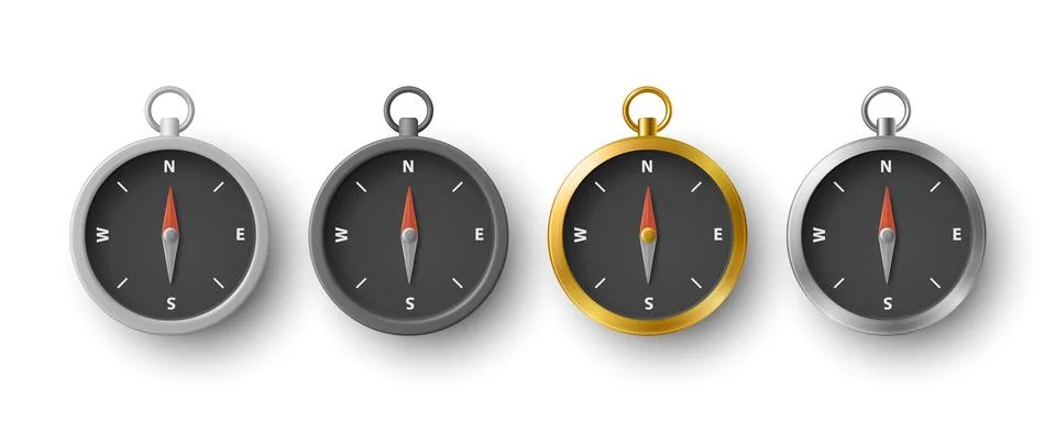 Vector 3d Compass Icon Set. Navigation Compasses with Black Dial. Classic Travel Stock Illustration