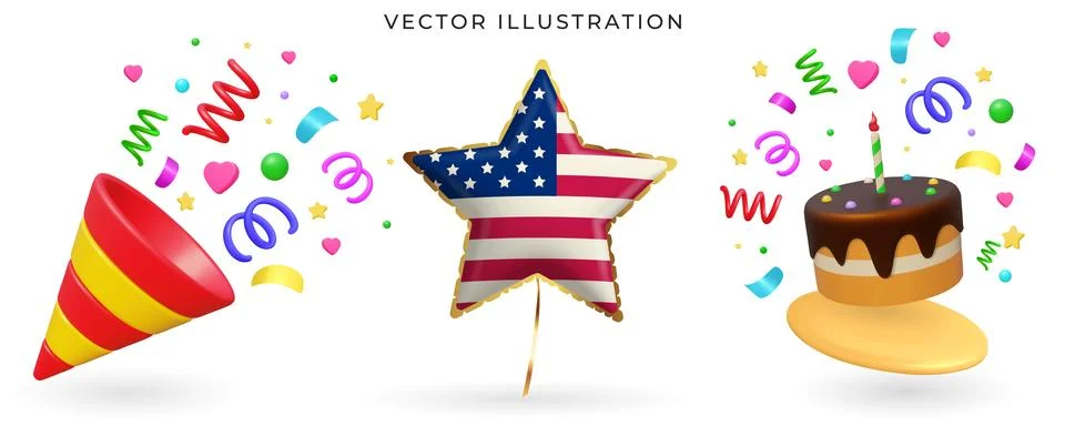 Vector 3d confetti party popper, Birthday cake and USA party balloons for e.. Stock Illustration