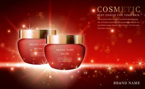 Vector 3D cosmetic make up illustration product essence bottle with shiny red Illustrazione stock