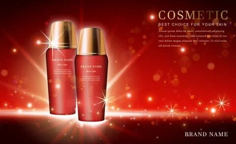 Vector 3D cosmetic make up illustration product bottle with shiny red backgro Stock Illustration